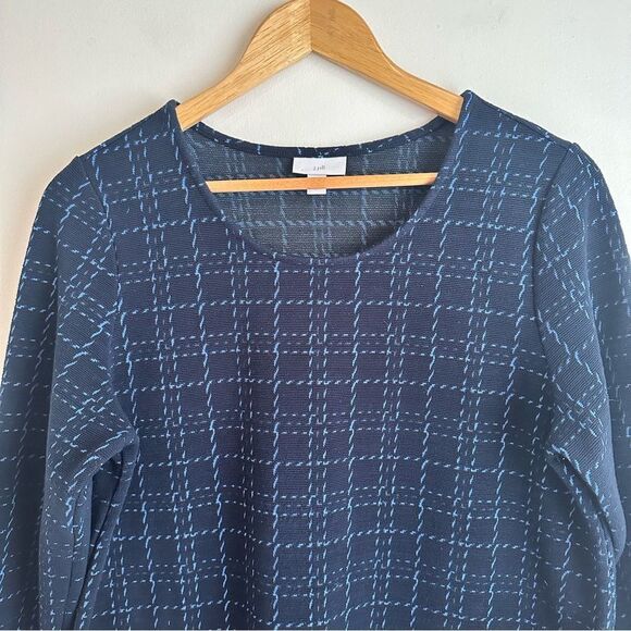 J Jill Navy Blue Checkered 3/4 Sleeve Shift Viscose Rayon Dress Size Medium - Picture 4 of 7